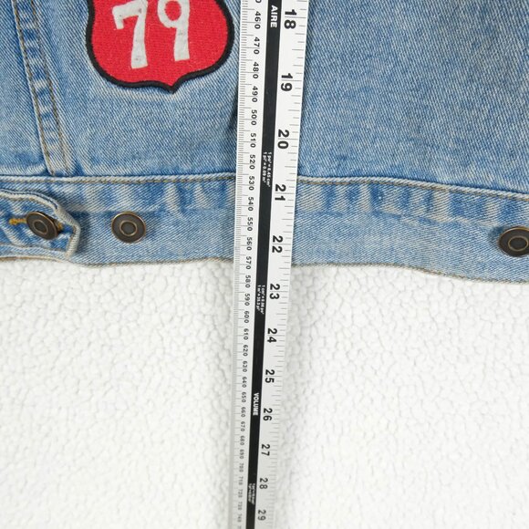 Vintage Jean Jacket Womens Medium Blue Denim Patches Racing Moto 90s - Picture 8 of 13